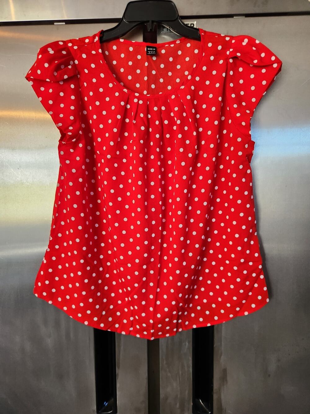 SHEIN Womens Polka Dot Blouse Size XL | Red White Flutter Sleeve Pleated Neck